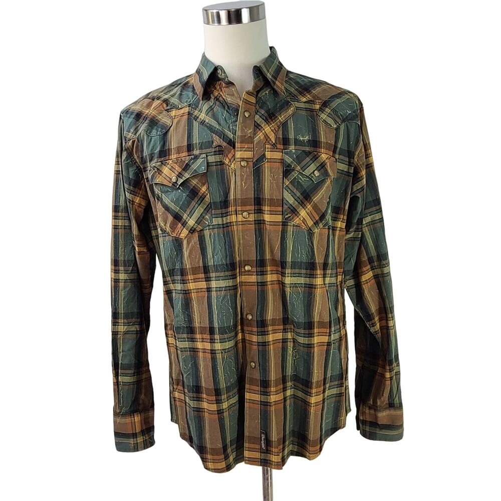Wrangler Retro Green Brown Plaid Western Snap Button Long Sleeve Shirt Large
